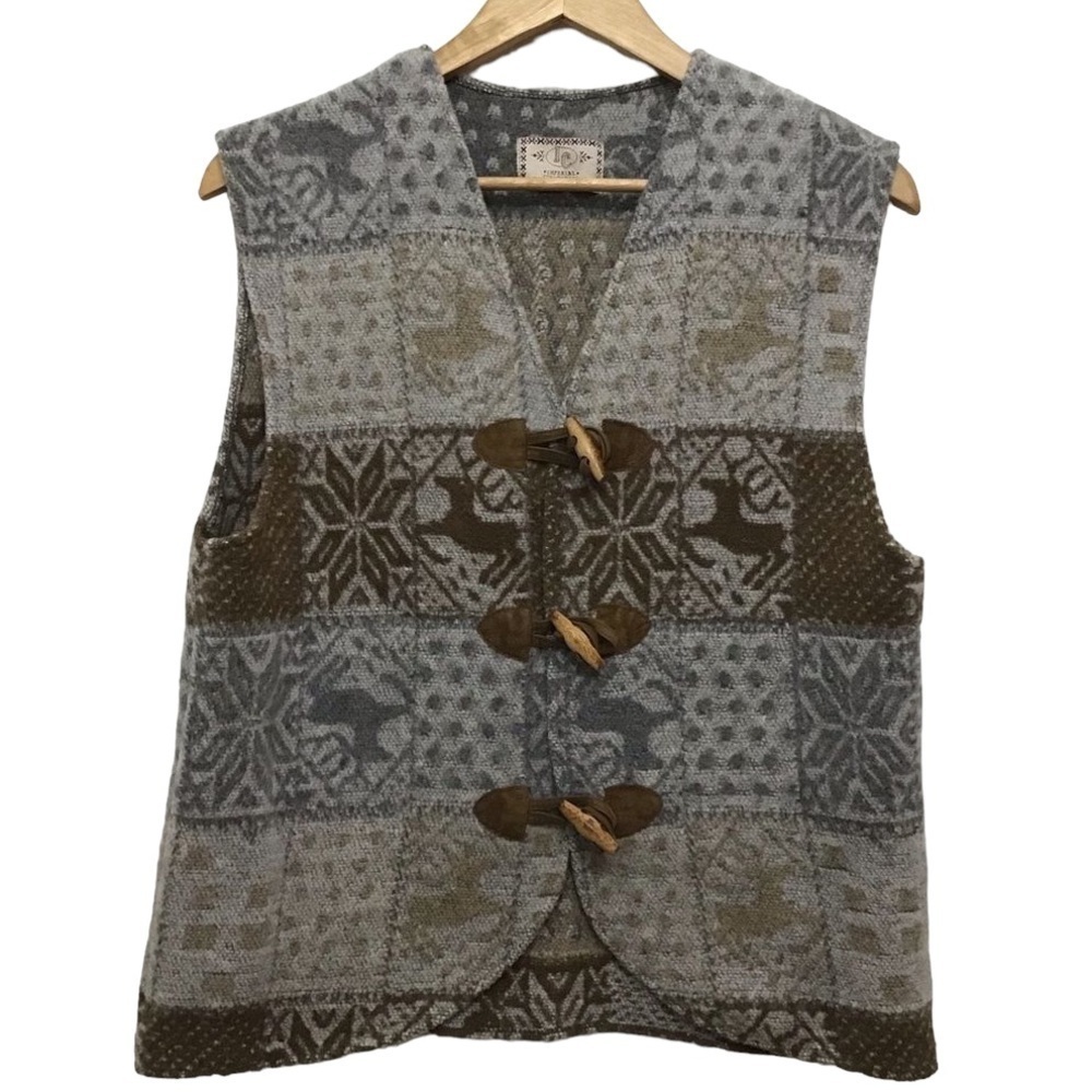𝅺VINTAGE Imperial Connection wool blend vest deer grey beige ecru leather small